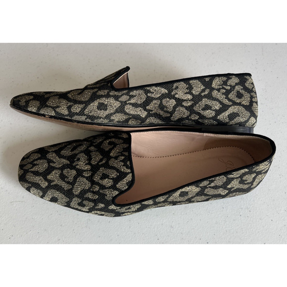 J. Crew Metallic Leopard animal Smoking Slippers Loafers Flat Size 9.5 Shoes - Picture 2 of 8